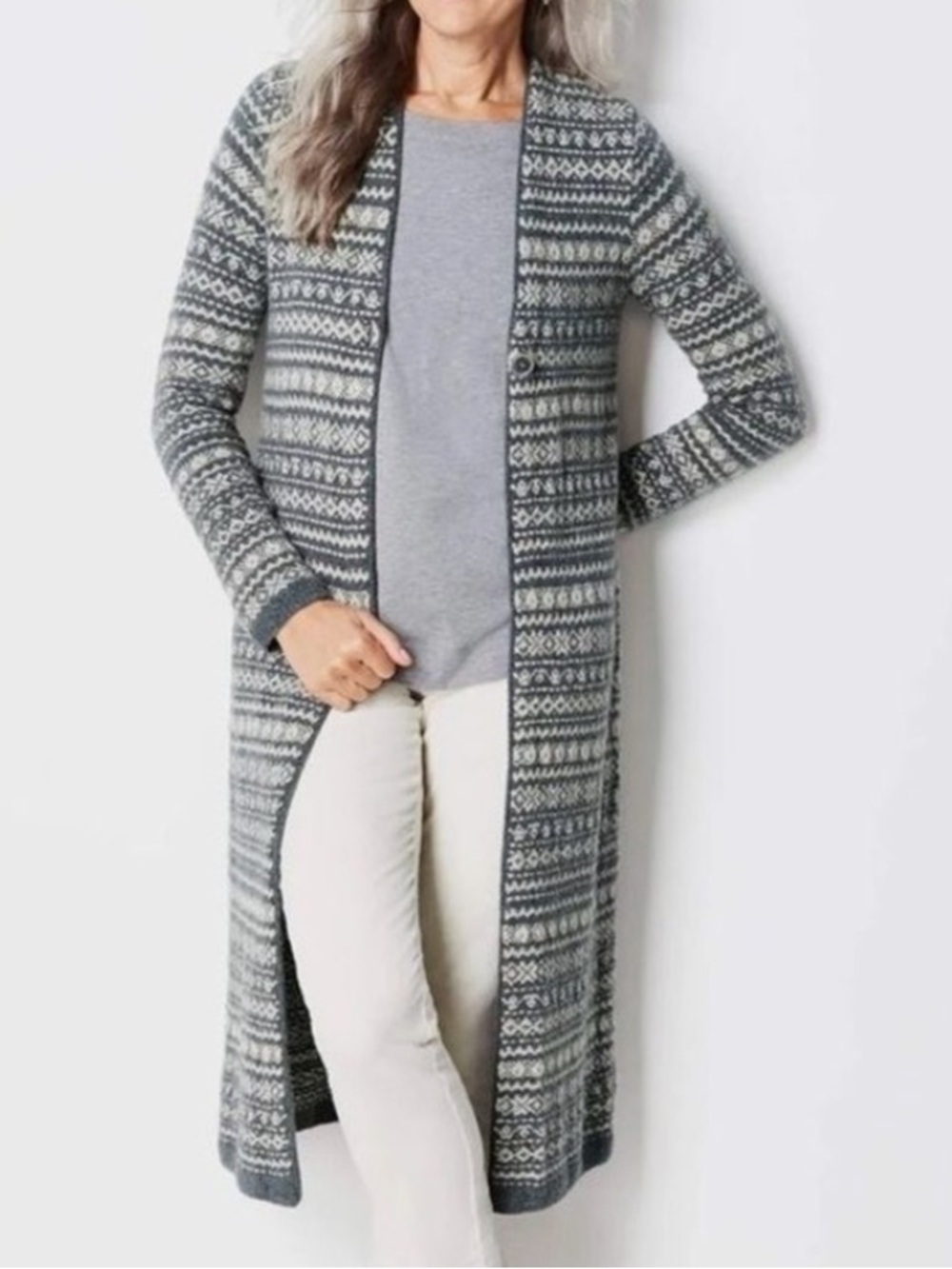 J. Jill Long Fair Isle Boucle Cardigan Duster Sweater Coat Gray Cream Ivory S